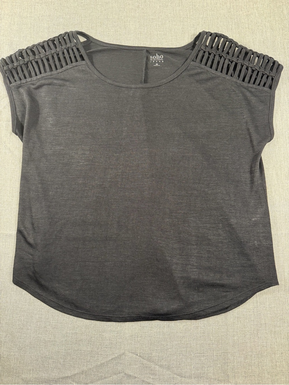 Soho Black Short Sleeve Tee with Woven Shoulder Detail